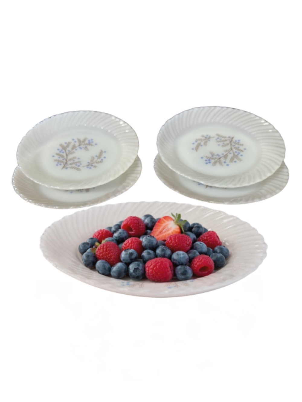 Vintage Milk Glass Plates & Bowl Blue Floral Swirl Rim Set Made in Mexico